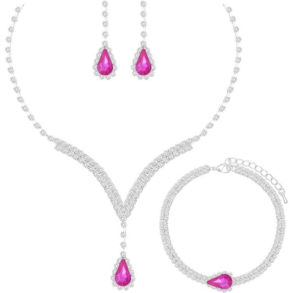 Jewelry - V-shape Crystal Wedding Jewelry Set for Women Bridal Necklace Earrings Bracelet